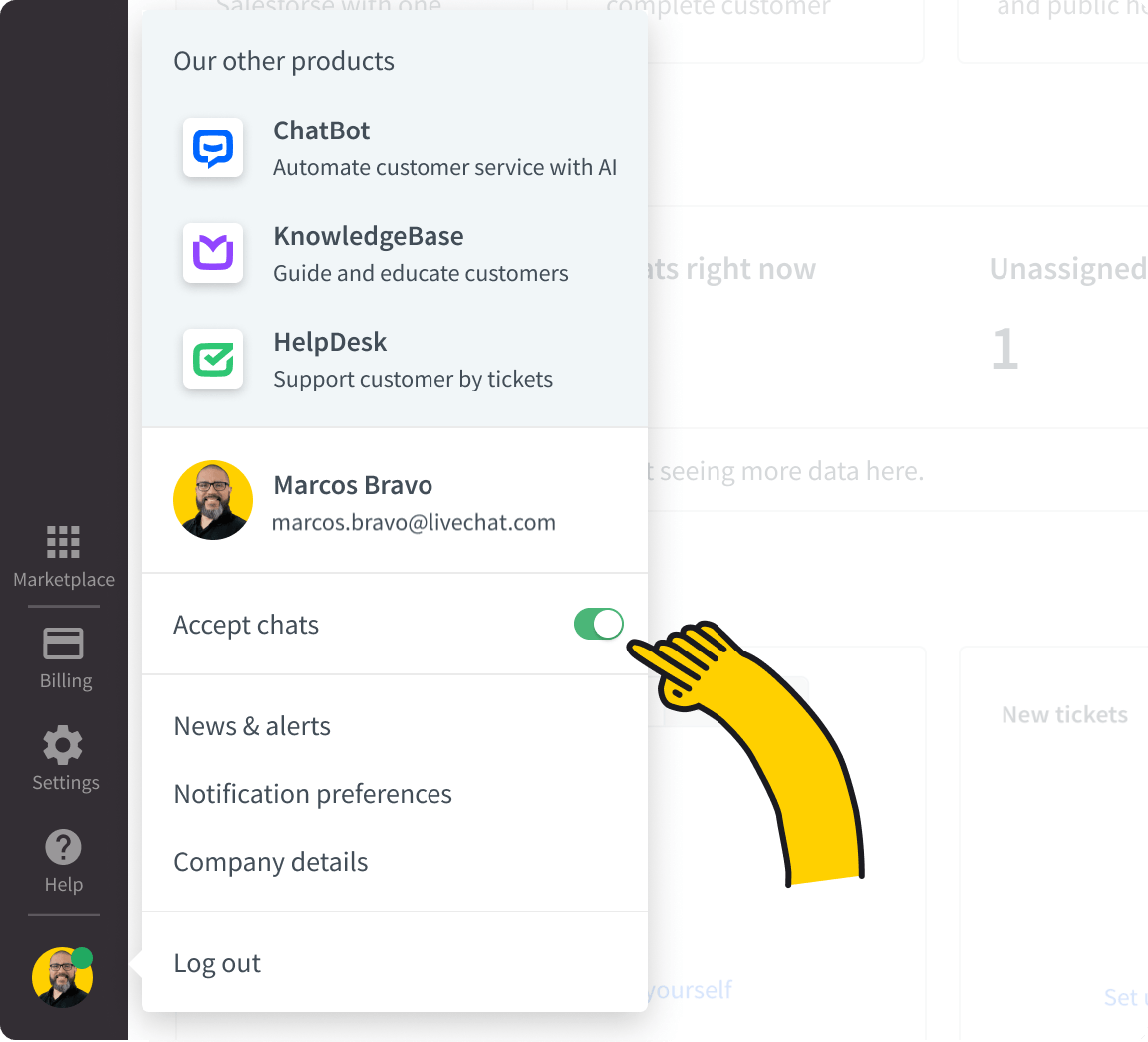 Agent status menu showing Accepting chats option