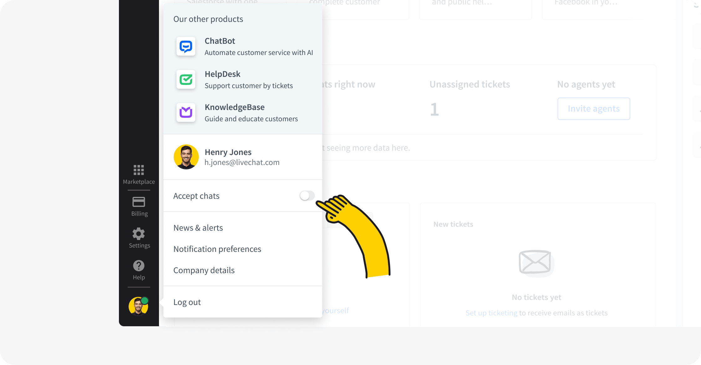 Agent status menu showing Accepting chats option