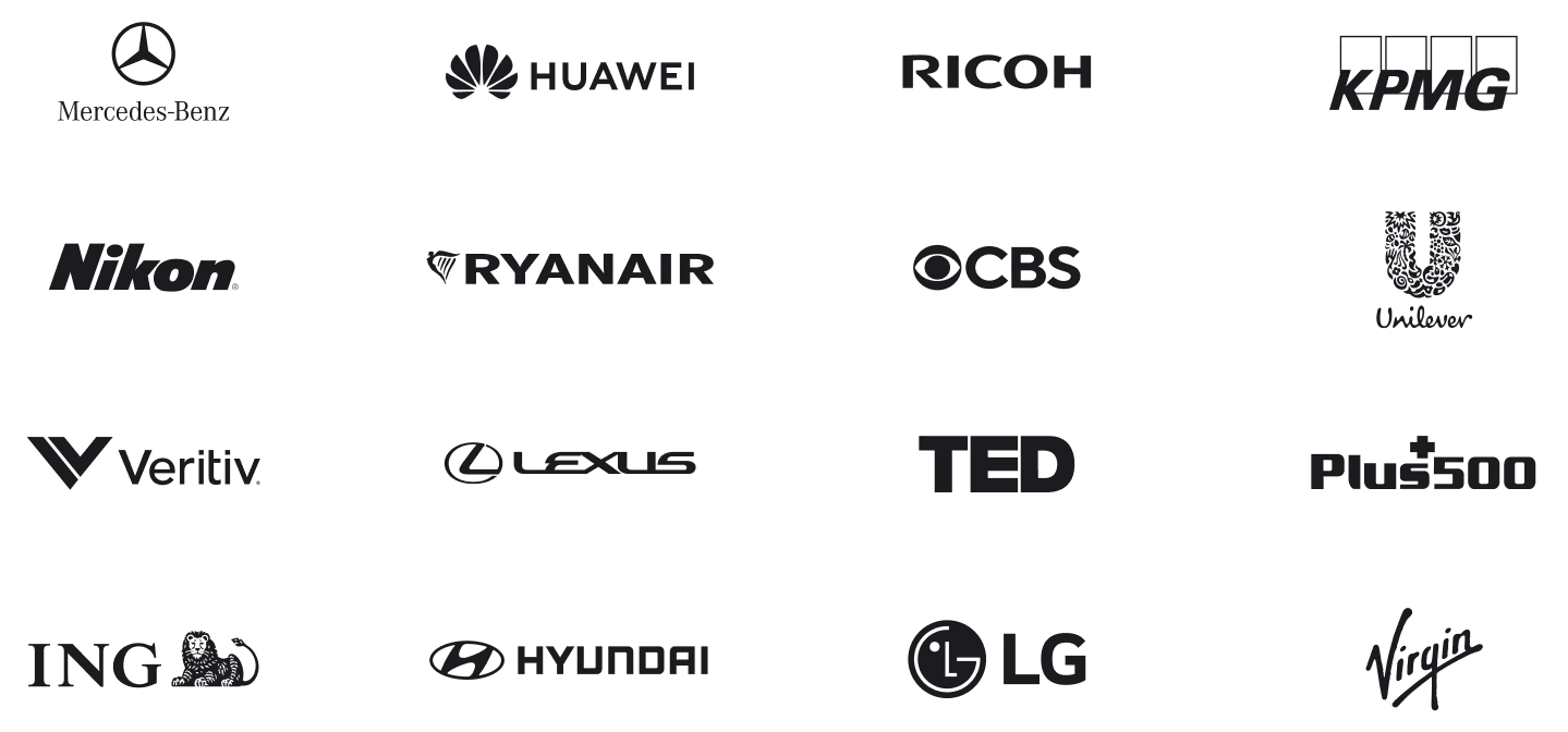 Mercedes-Benz, Huawei, Ricoh, KPMG, Nikon, Ryanair, CBS, Unilever, Vertiv, Lexus, TED, Plus500, ING, Hyundai, LG, Virgin