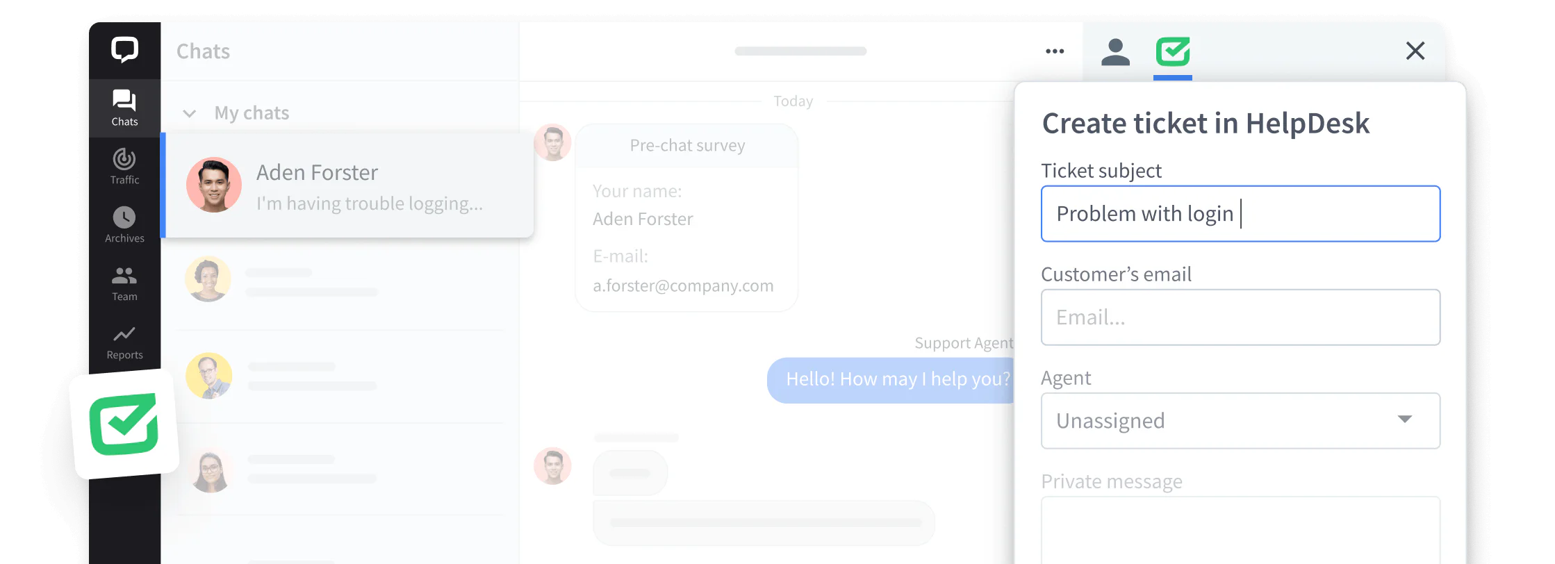 Screenshot of support ticket creator in LiveChat® application dashboard integrated with HelpDesk software showing tickets tab