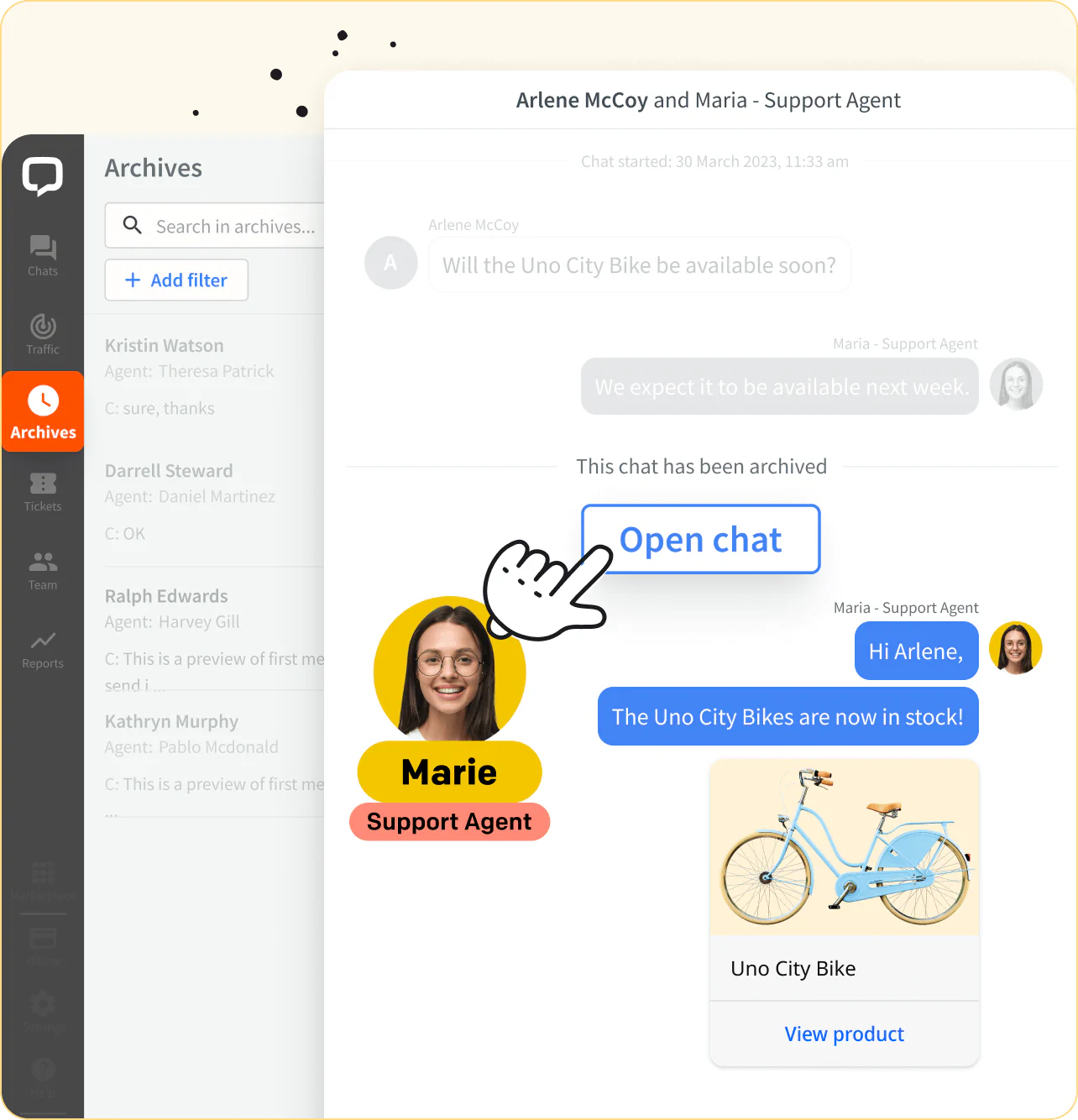 Screenshot of LiveChat® application dashboard with a restarted conversation between agent and client