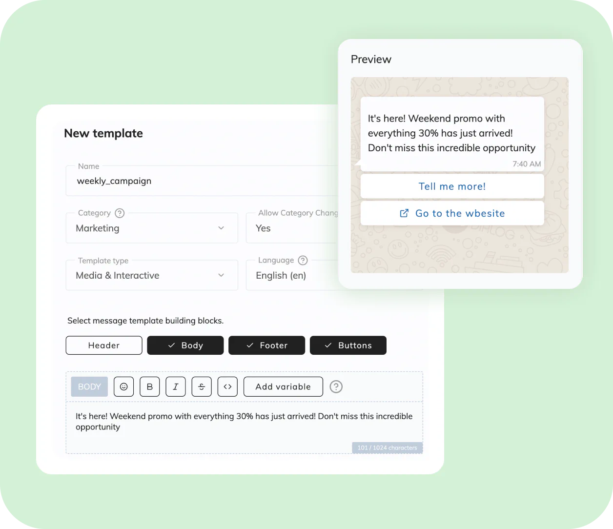 LiveChat®’s interface on a smartphone displaying various WhatsApp message formats