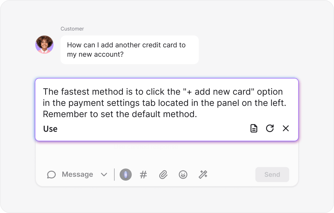 AI-powered reply suggestions feature generating customer support responses in Legal services