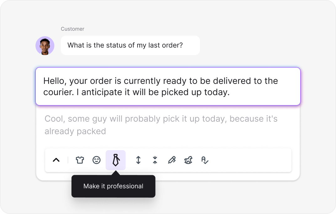 AI text enhancement tool adjusting message tone and style in LiveChat for Legal services