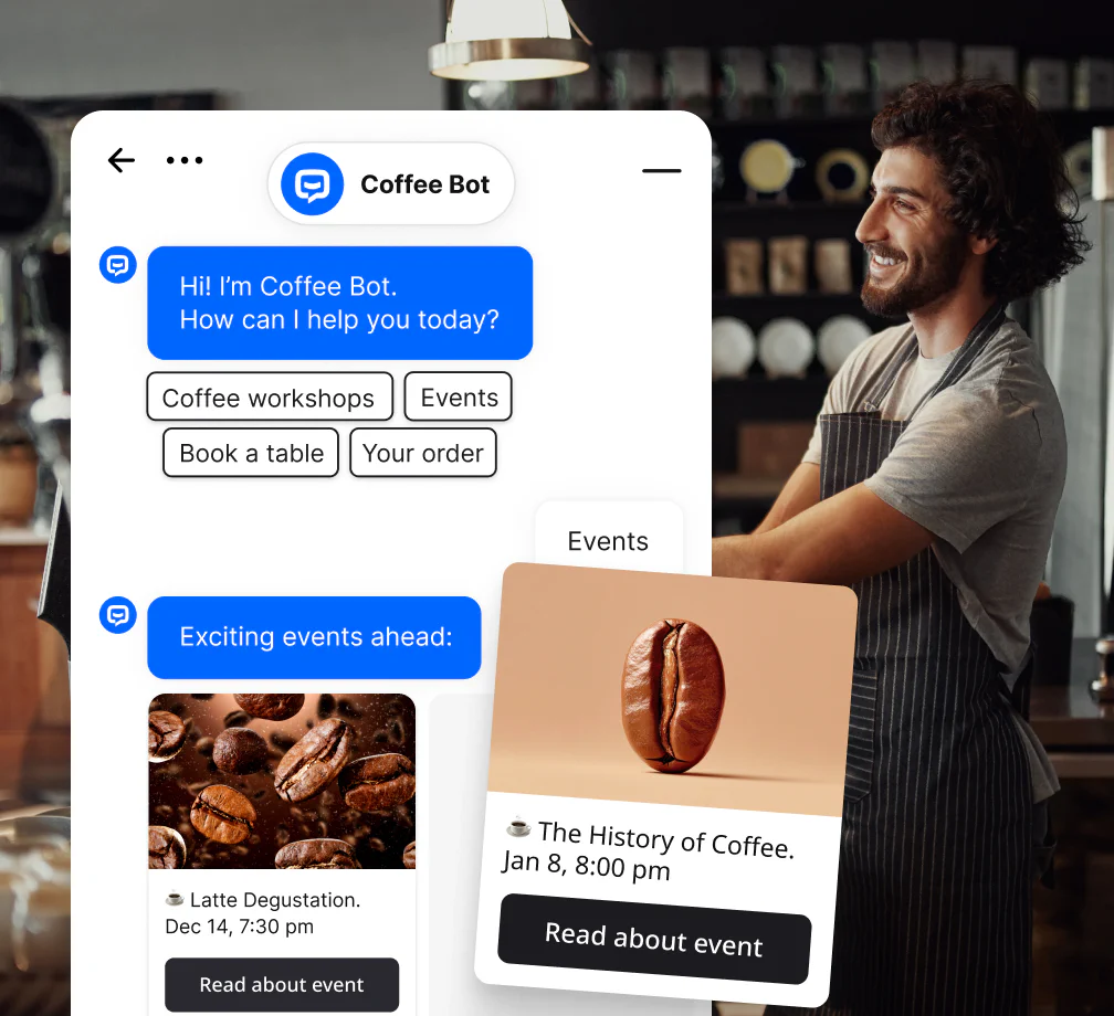 A person serving coffee in a coffee shop, while a chatbot works in the background, sending information about upcoming events to a customer.