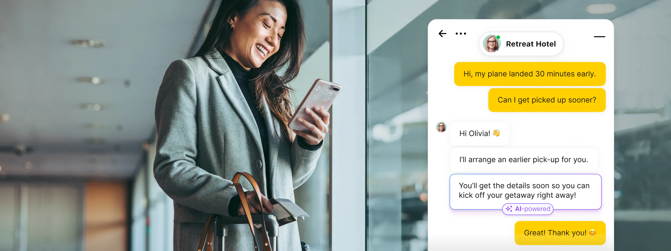 A person on the phone using live chat to communicate with a hotel representative, requesting an earlier pick-up.