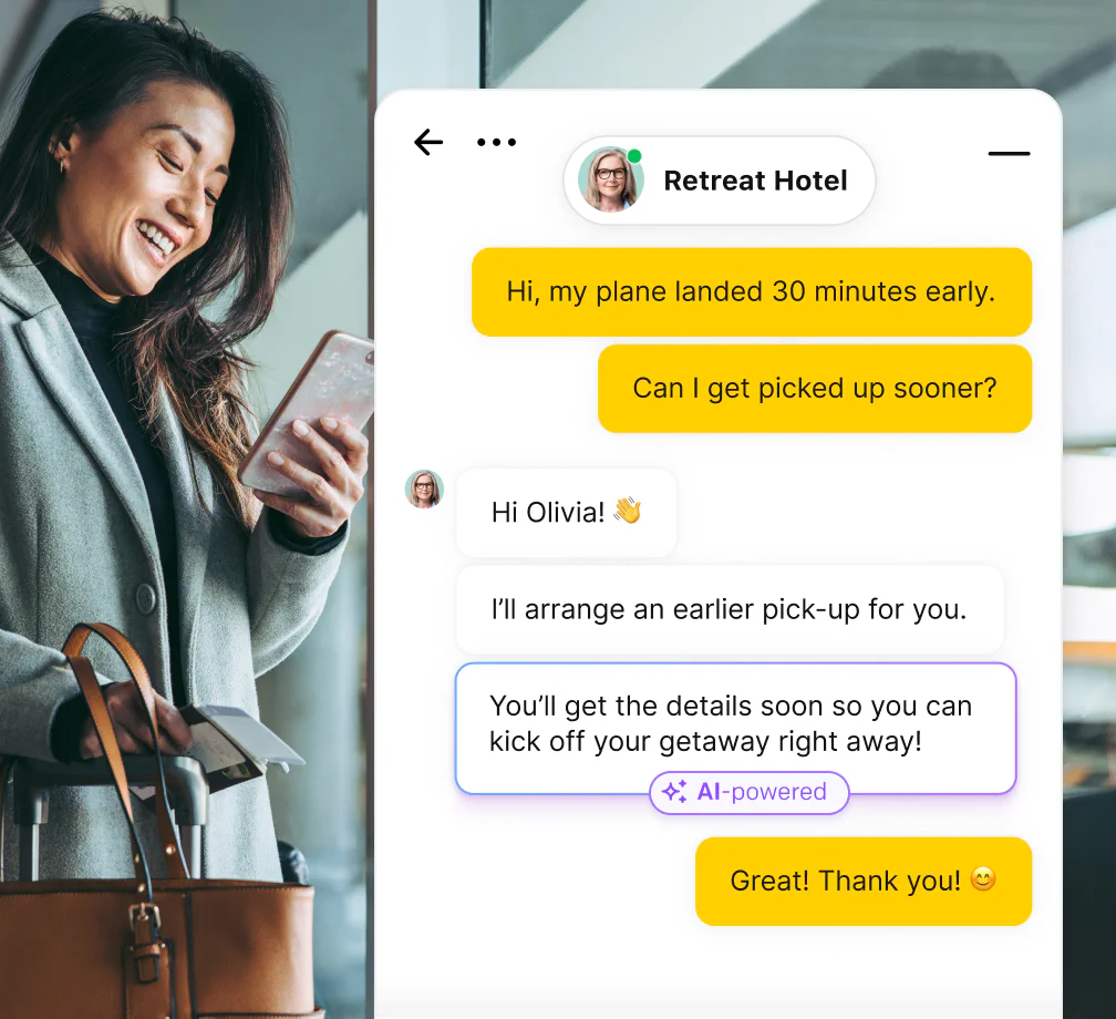 A person on the phone using live chat to communicate with a hotel representative, requesting an earlier pick-up.
