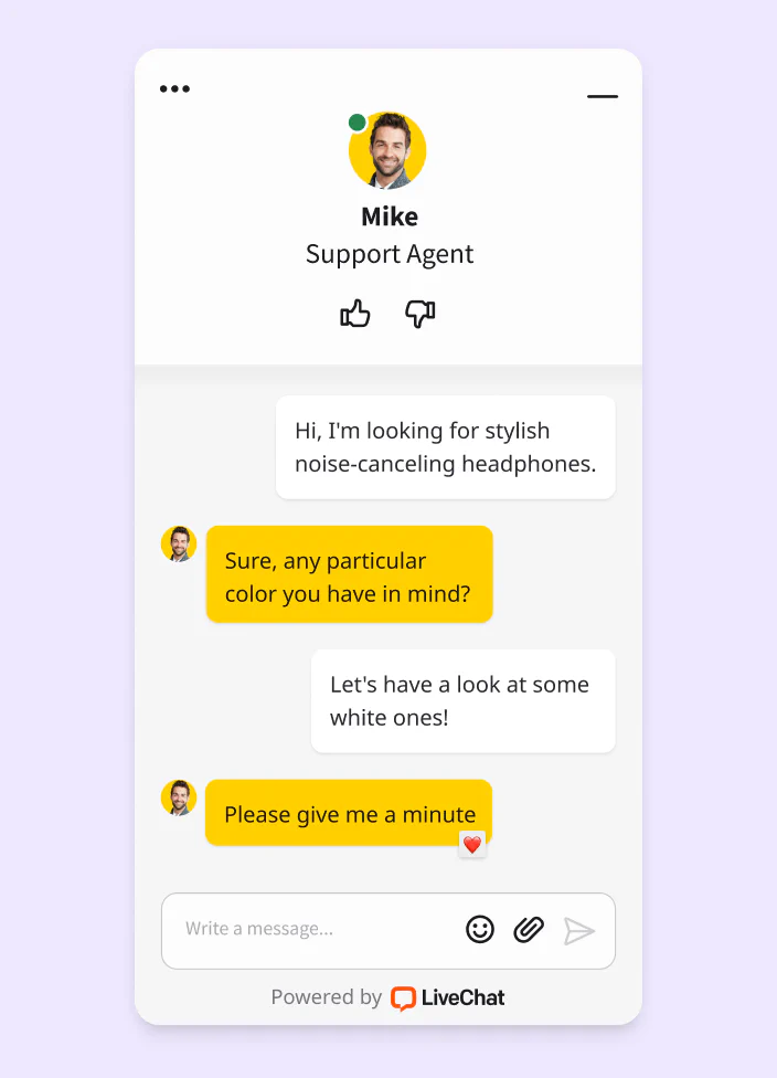 A preview of the chat widget and the conversation between a customer and customer support agent.