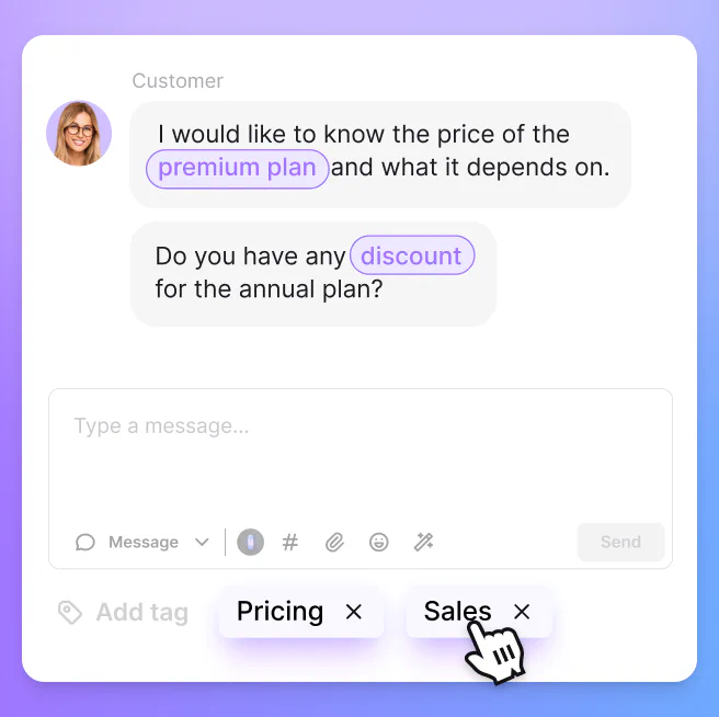 Tag suggestions feature inside the live chat app that simplifies workflow, relieving agents from manual tagging
