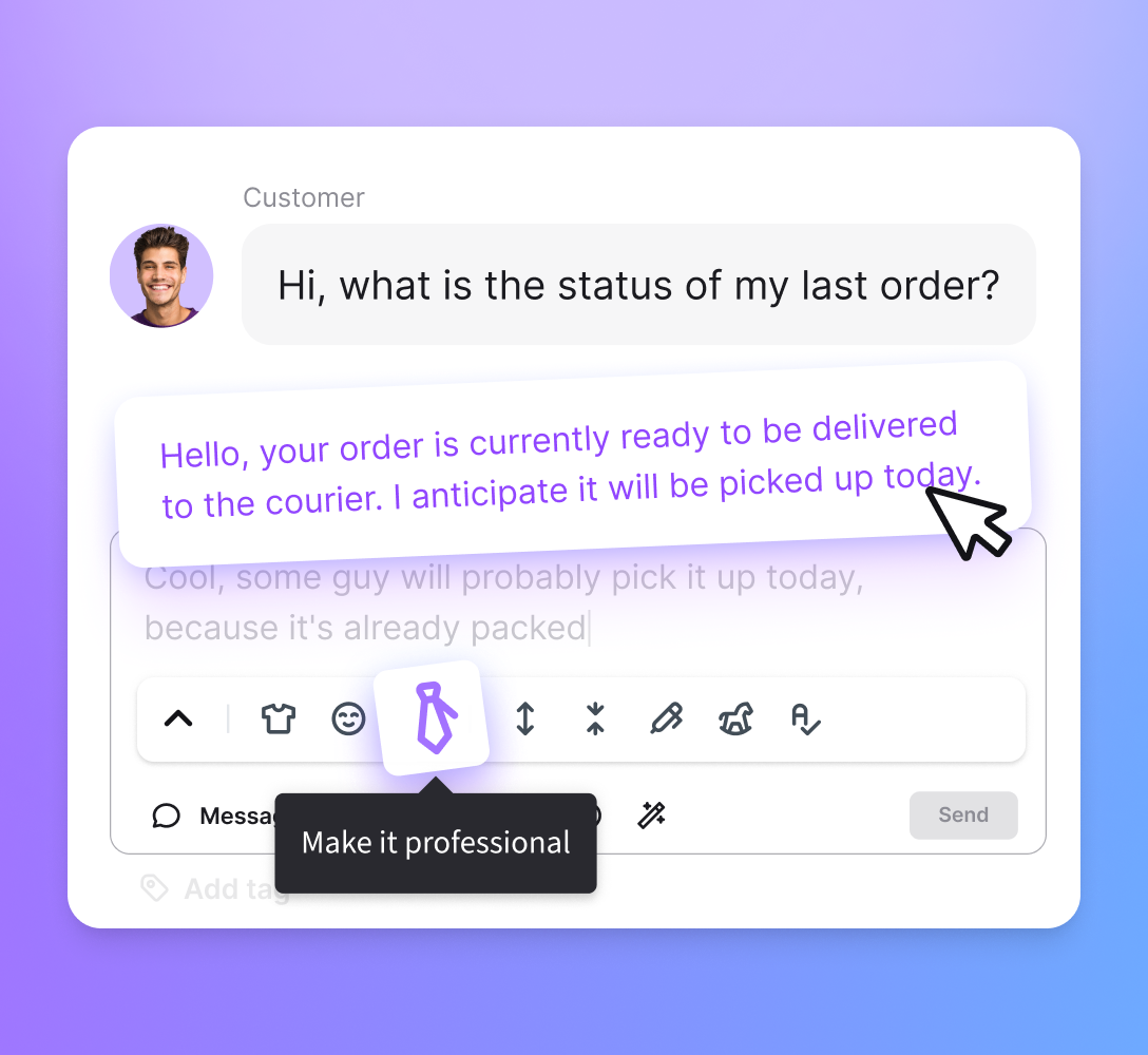 Text enhancement feature in LiveChat app making a message sound more professional.