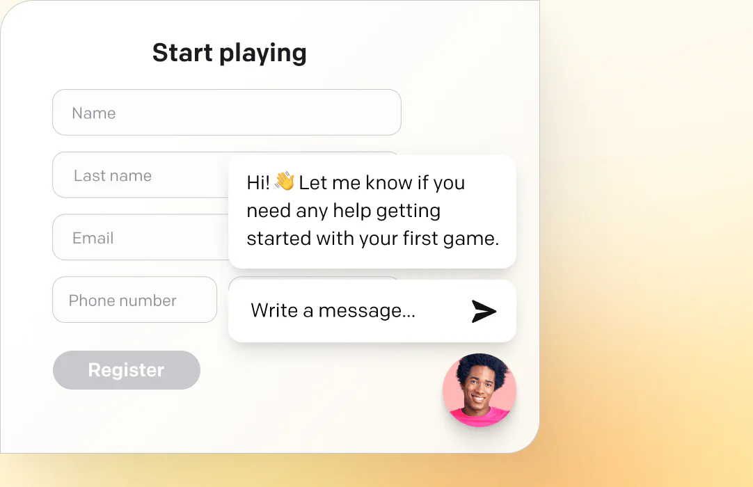 Welcome message from a live chat agent, ready to guide a first-time user on a gaming platform