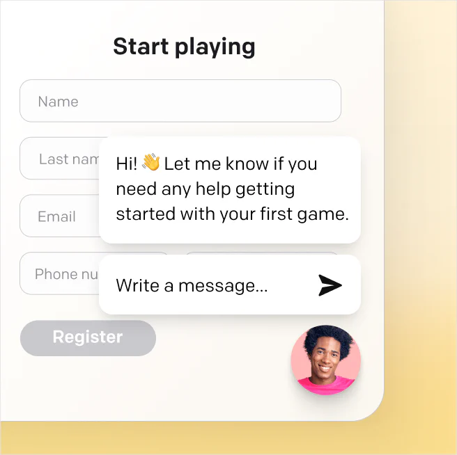 Welcome message from a live chat agent, ready to guide a first-time user on a gaming platform
